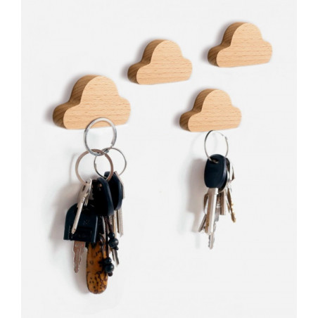 Set of 4 wooden key holders (cloud, magnetic, beech wood)
