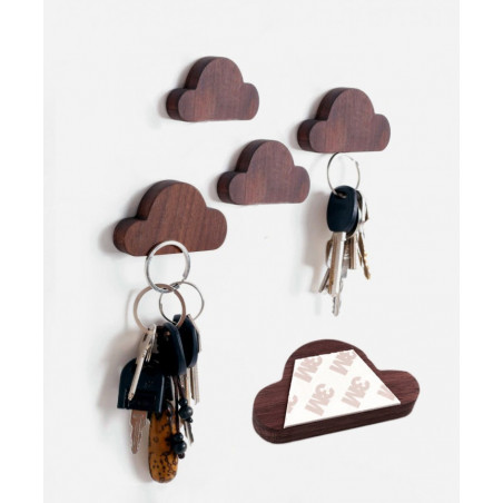 Set of 4 wooden key holders (cloud, magnetic, walnut wood)