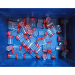 Set of 48 sample containers, 60 ml with red screw caps