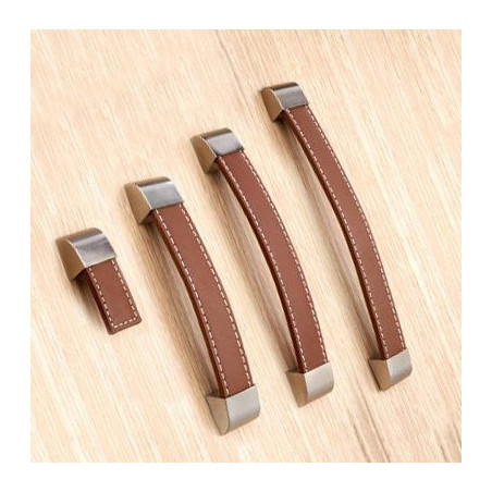 Set Van 4 Lederen Handgrepen - 64x25mm Leren Ladeknoppen - Kastgrepen Met Eén Gat - Lichtbruin Leer & Koper