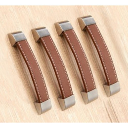 Lot de 4 poignées en cuir (128 mm, marron, embout métal)