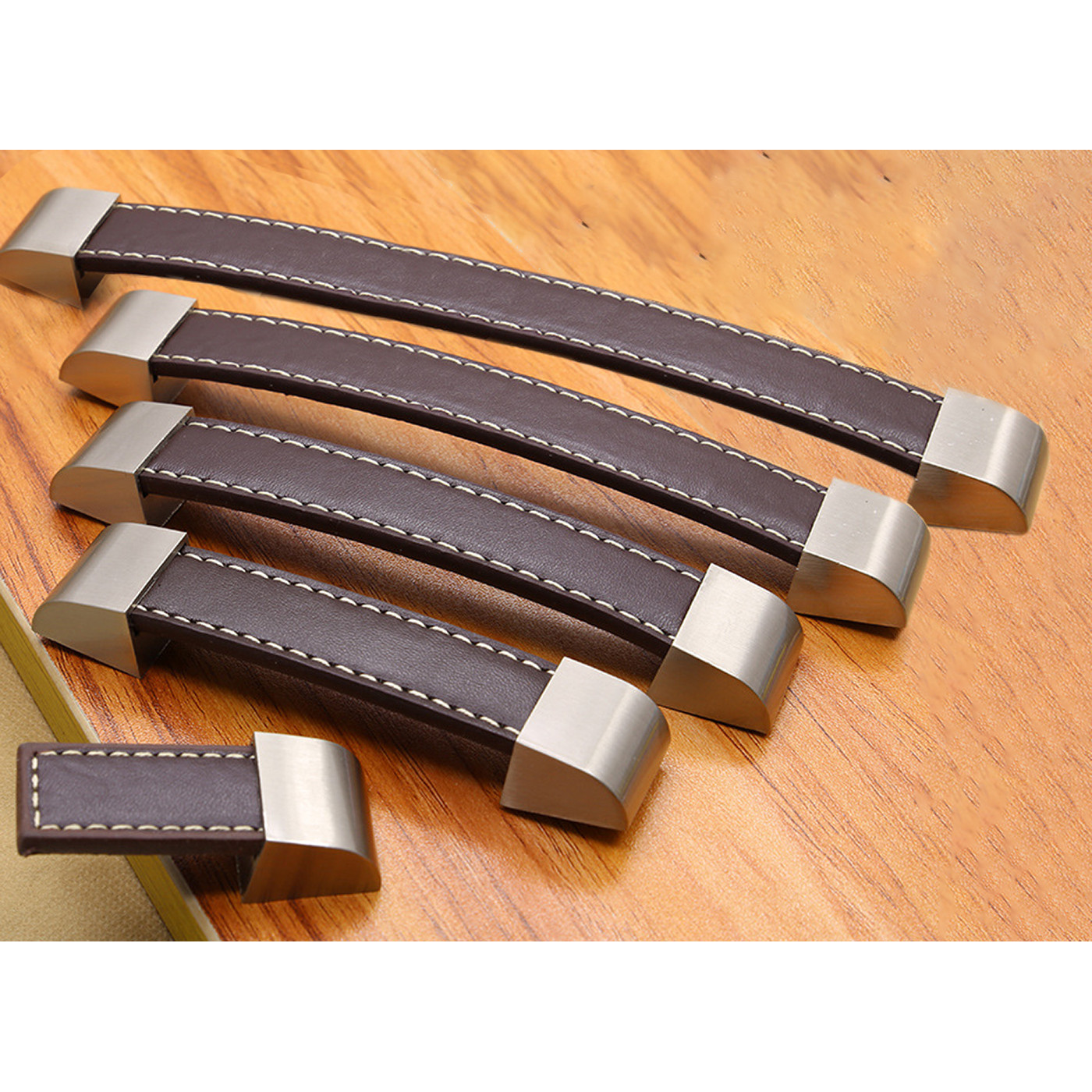 Set of 4 leather handles (one sided, dark brown, metal endpiece)