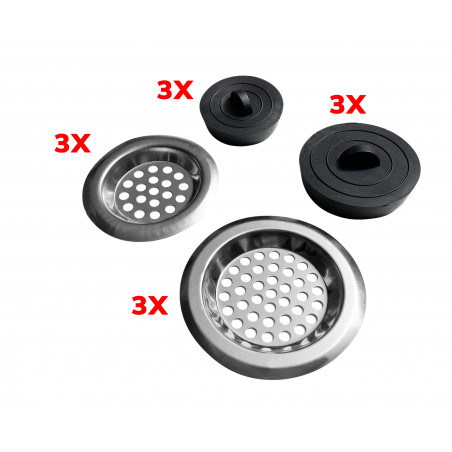 Set of 6 sink strainers and plugs (3x small, 3x large)