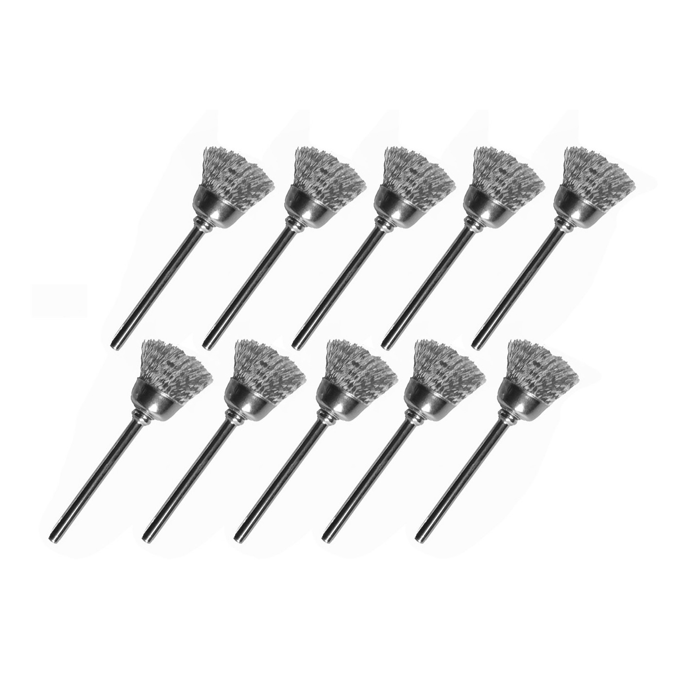 Set of 10 mini steel wire brushes, umbrella shape (2.3 mm shaft)