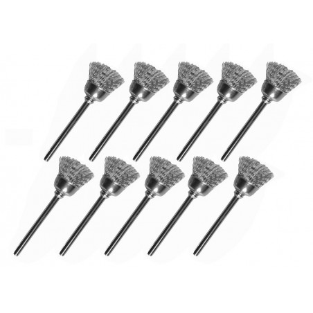 Set of 10 mini steel wire brushes, umbrella shape (2.3 mm shaft)