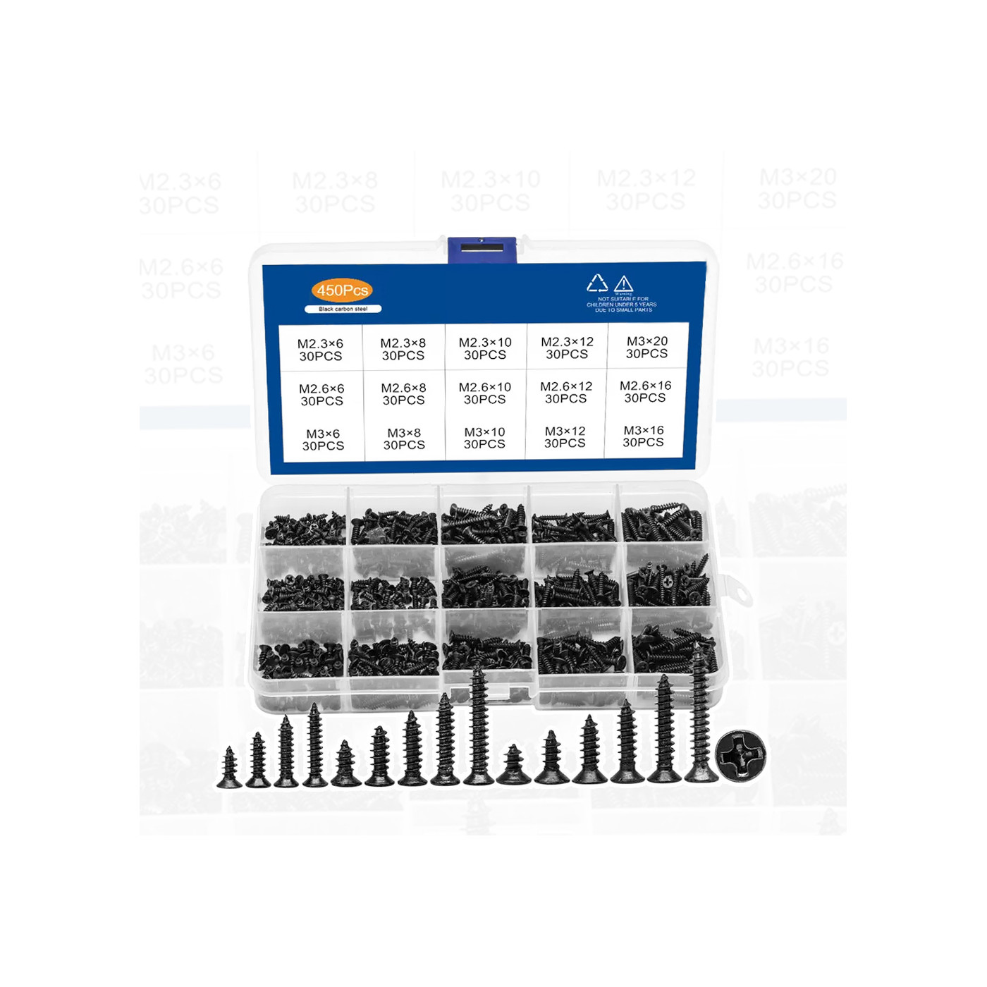 Set of 450 mini screws (2.3, 2.6, 3.0 mm, countersunk, black)