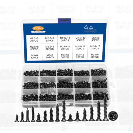 Set di 450 mini viti (2.3, 2.6, 3.0 mm, a testa svasata, nere)