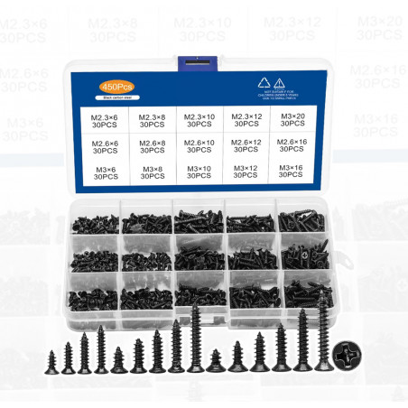 Set of 450 mini screws (2.3, 2.6, 3.0 mm, countersunk, black)