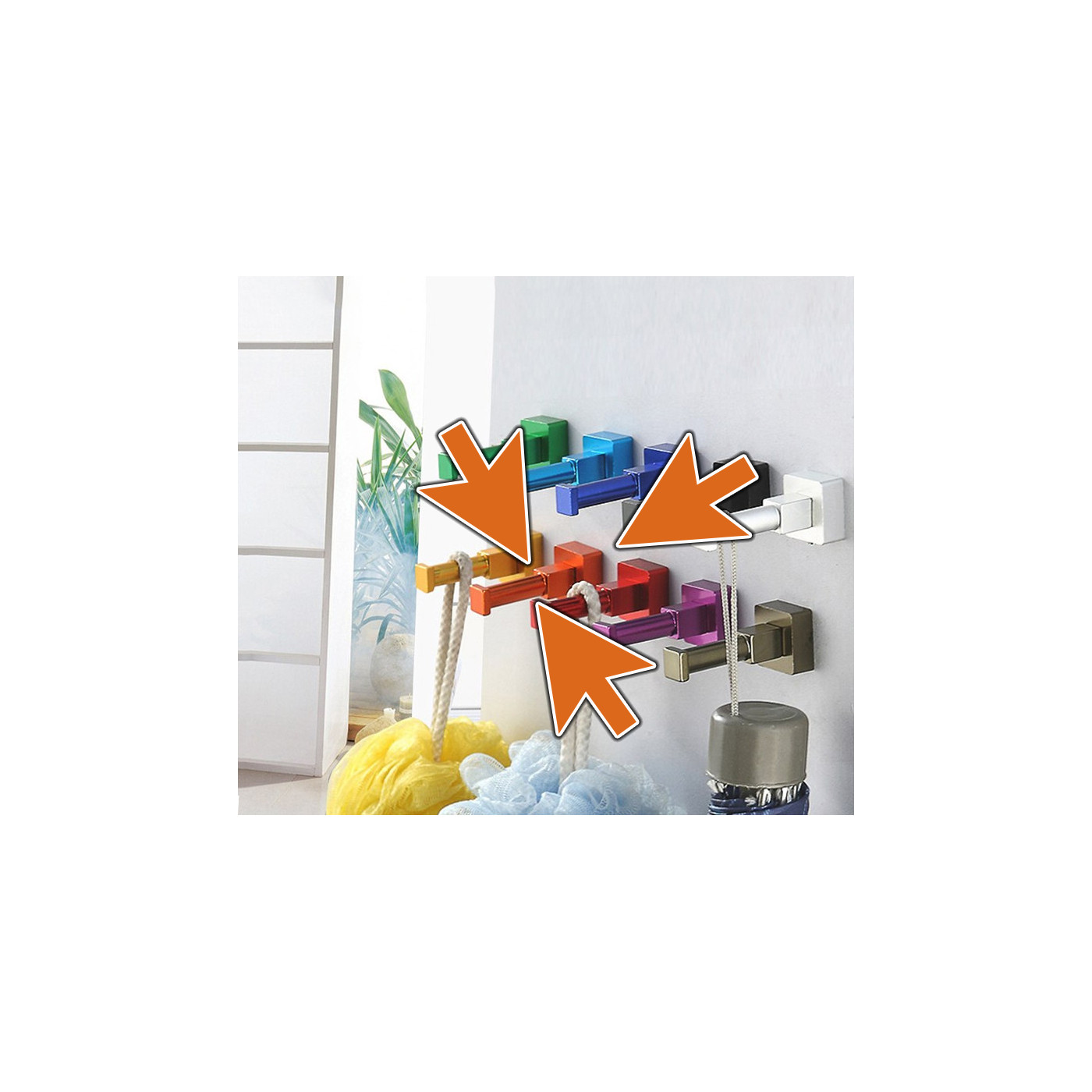 Set of 10 colorful clothes hooks (aluminum, square, orange)