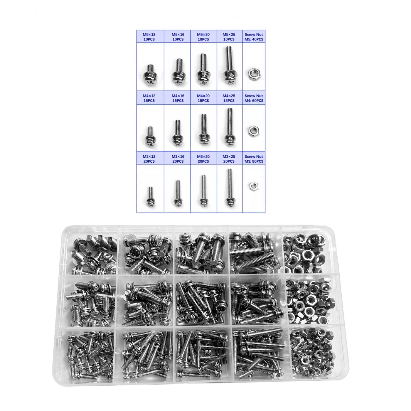Set of 360 bolts, nuts and washers (crosshead, M3, M4, M5)