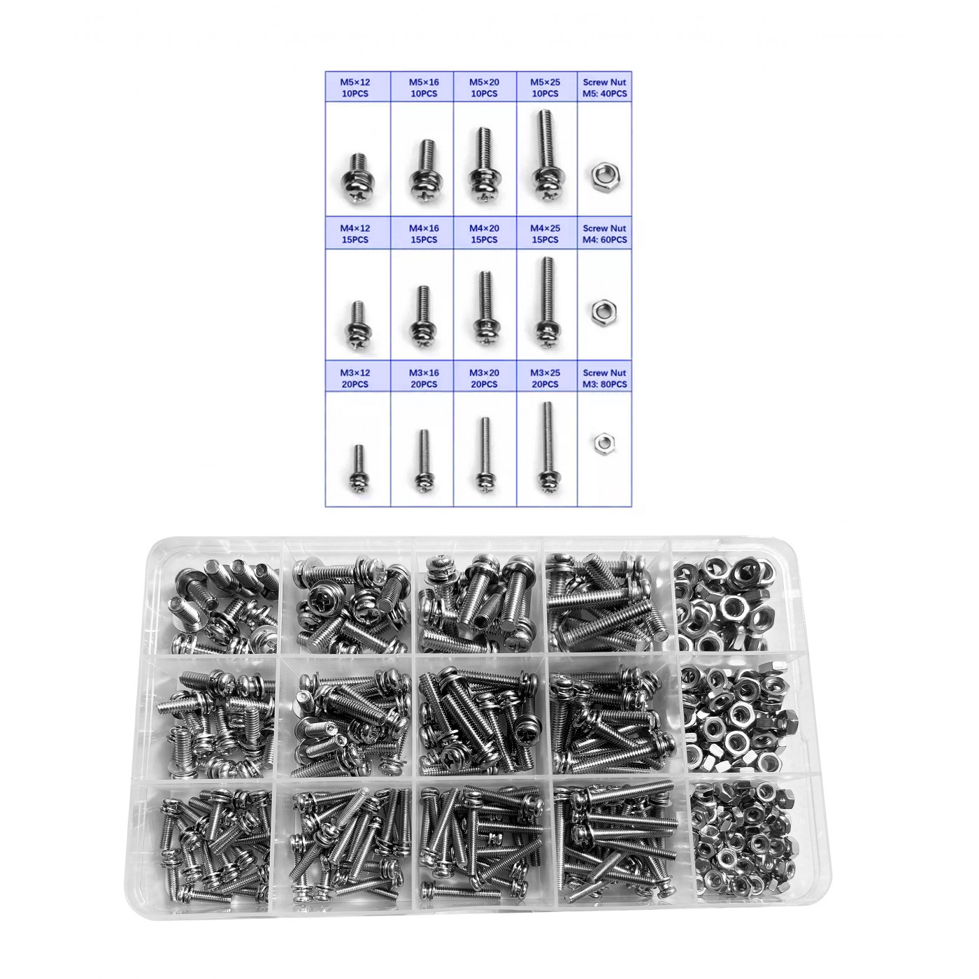 Set von 360 Schrauben, Muttern und Unterlegscheiben (Kreuzschlitz, M3, M4,  M5, Edelstahl) - Wood, Tools & Deco