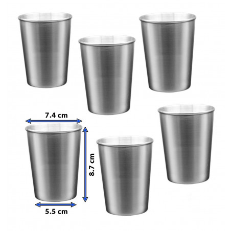 Set of 6 stainless steel cups, 230 ml, with rolled edge