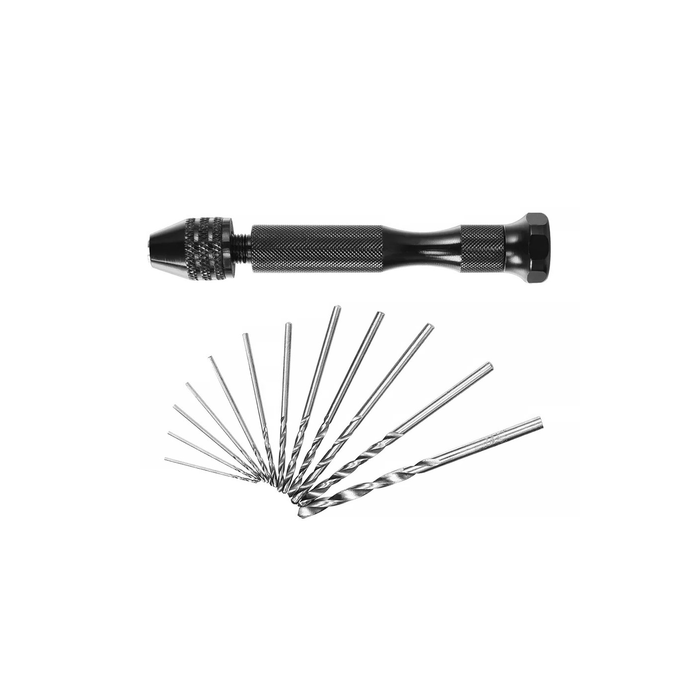 Solid hand drill with 10 drill bits (black, 0.8-3.0 mm)