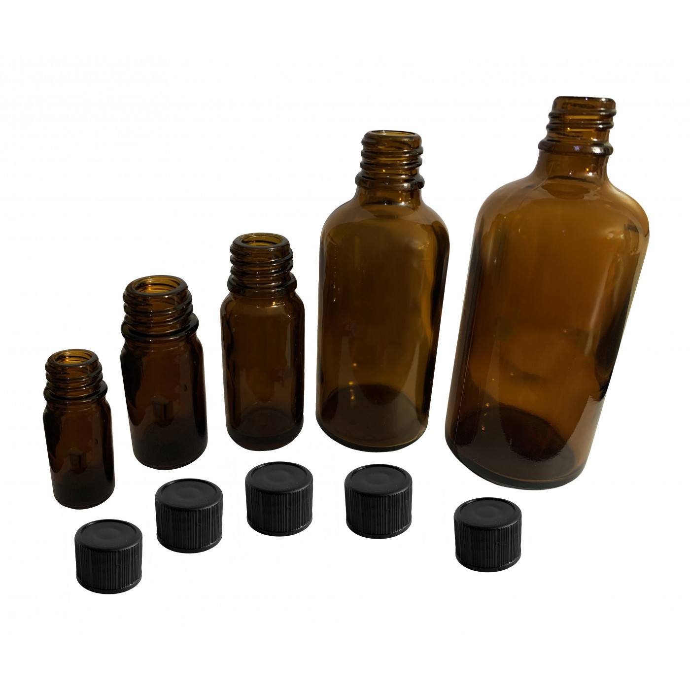 Set of 14 glass bottles (50 ml) with black screw cap