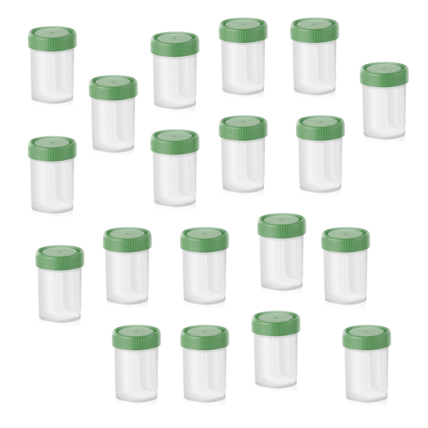 Set of 30 sample containers with green caps (90 ml, PP plastic)
