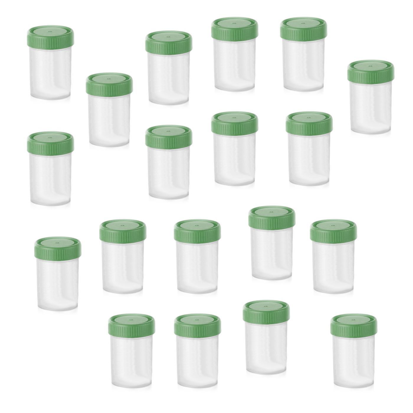 Set of 30 sample containers with green caps (90 ml, PP plastic