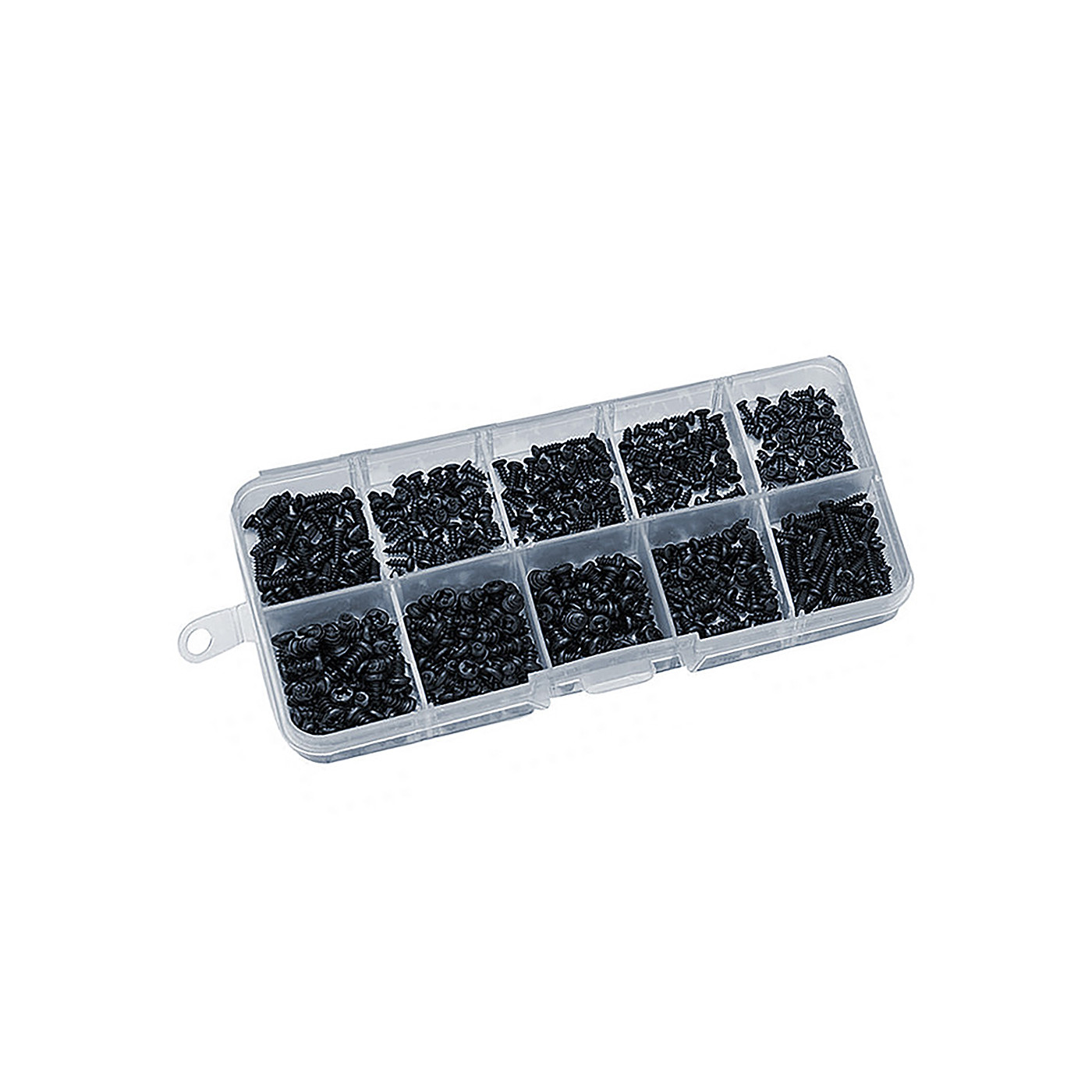 Sæt med 2000 meget små sorte skruer (M1.0-M1.7)