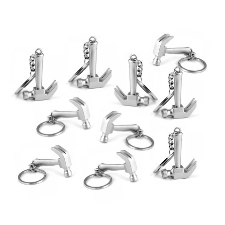 Set of 10 metal keyrings (hammer shape, silver color)