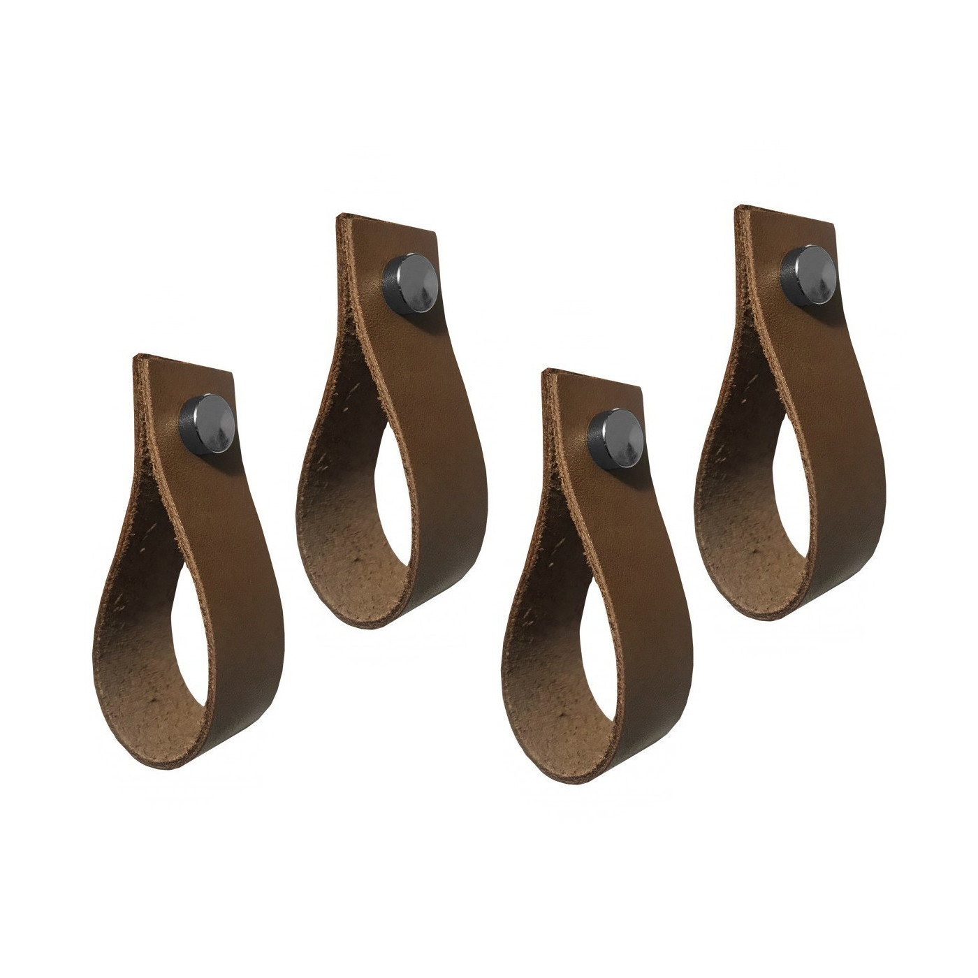 Set of 4 leather handles, loops, for furniture, cognac
