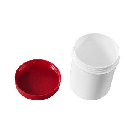 White jar with red lid (50 ml capacity, PP plastic)