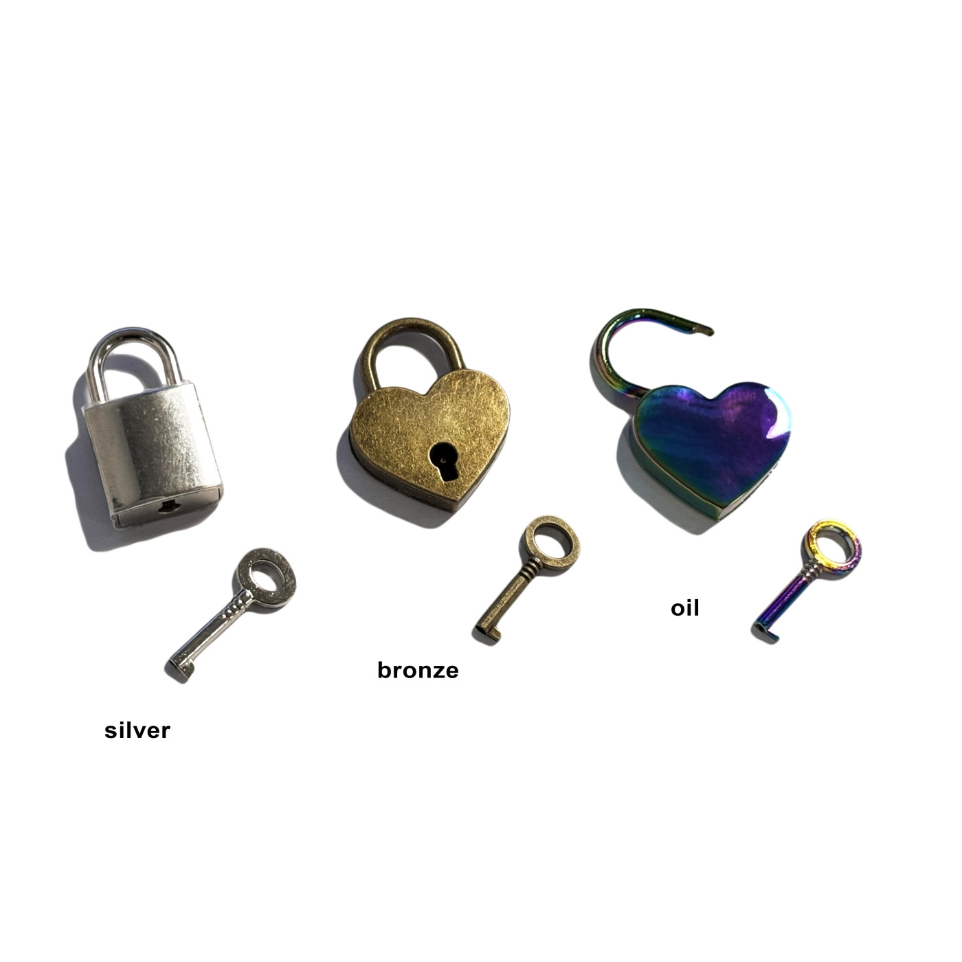 Padlock with key (heart shape, bronze color)