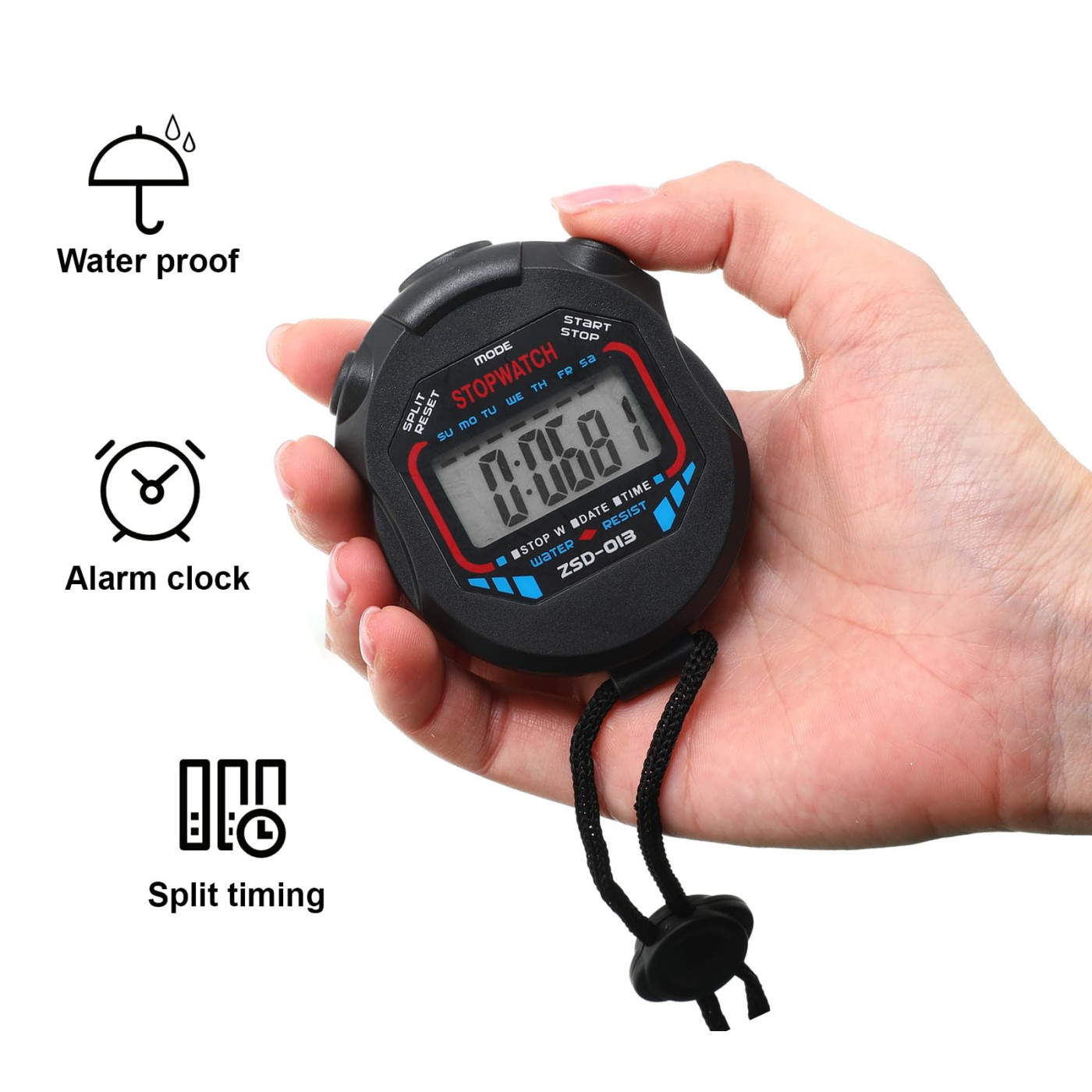 Digital stopwatch (black-red-blue colors, ABS plastic)