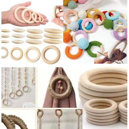 QUARKZMAN Lot De 6 Anneaux De Rideau En Bois Naturel 70 Mm – Crochets à Œil De Vis, Style Rustique Élégant Pour Tringle Ø35 Mm