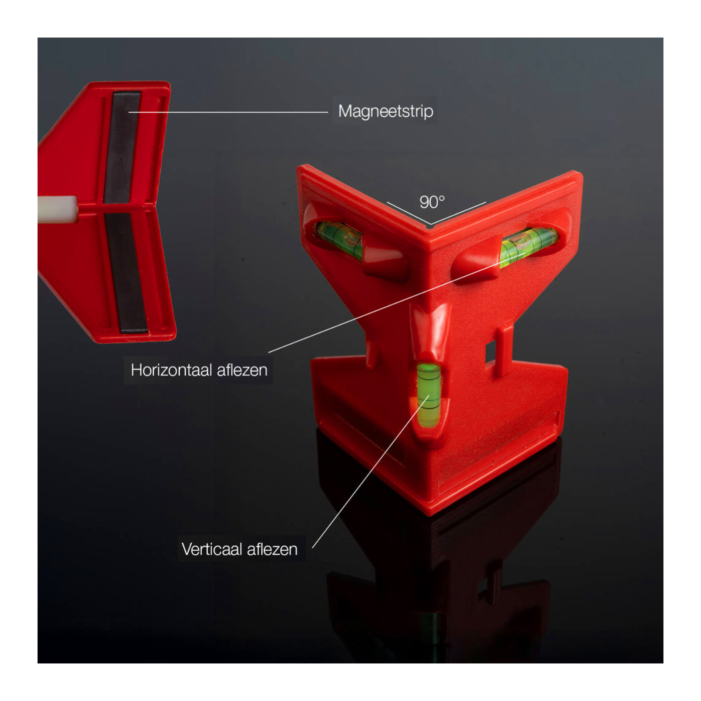 Red corner spirit level, for fence posts and vertical