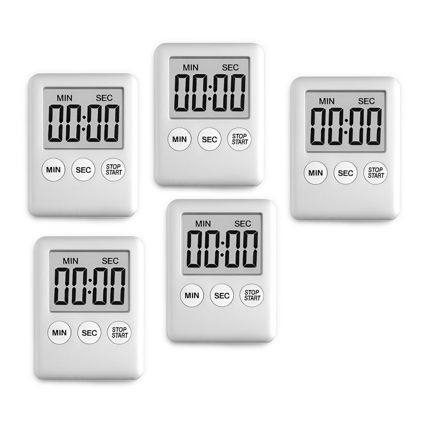 Set mit 5 digitalen Timern, Küchentimern, Weckern, silberfarben