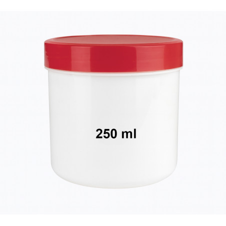 White jar with red lid (250 ml capacity, PP plastic)