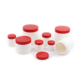 White jar with red lid (250 ml capacity, PP plastic)