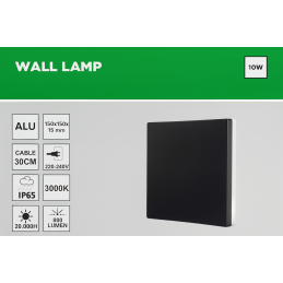 Square LED Wall Lamp Black 15x15 cm – 10W IP65 3000K