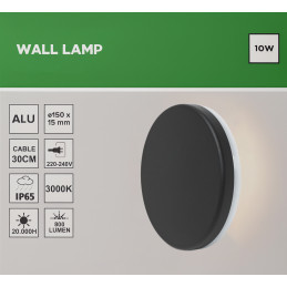 Round LED Wall Lamp Black 150x15 mm – 10W IP65 3000K