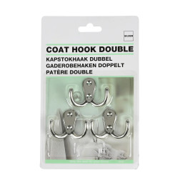 Set of 3 simple double coat hooks, silver