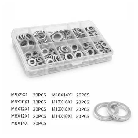 Set mit 200 Aluminium-Unterlegscheiben (M5, M6, M8, M10, M12