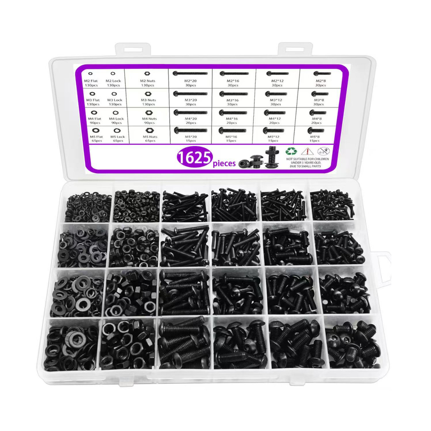 Groot assortiment metrische bouten en moeren (M2–M5, 1625 stuks