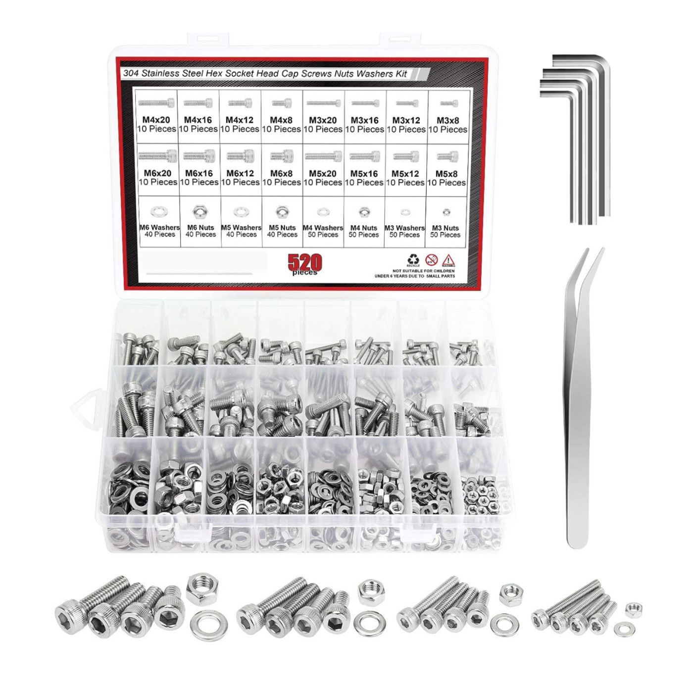Surtido de tornillos y tuercas de acero inoxidable (M3–M6, 520