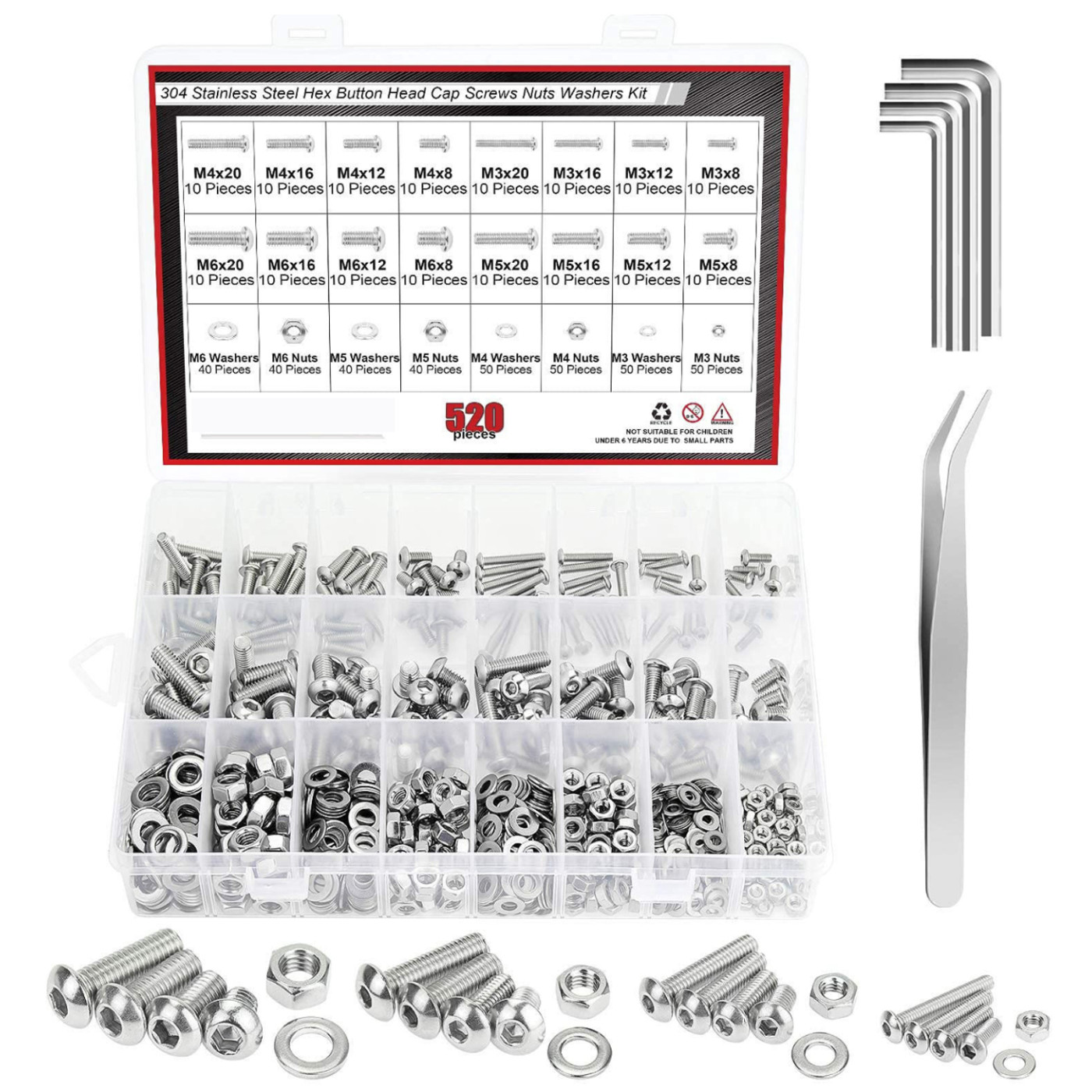 Surtido de tornillos y tuercas de acero inoxidable (M3–M6, 520