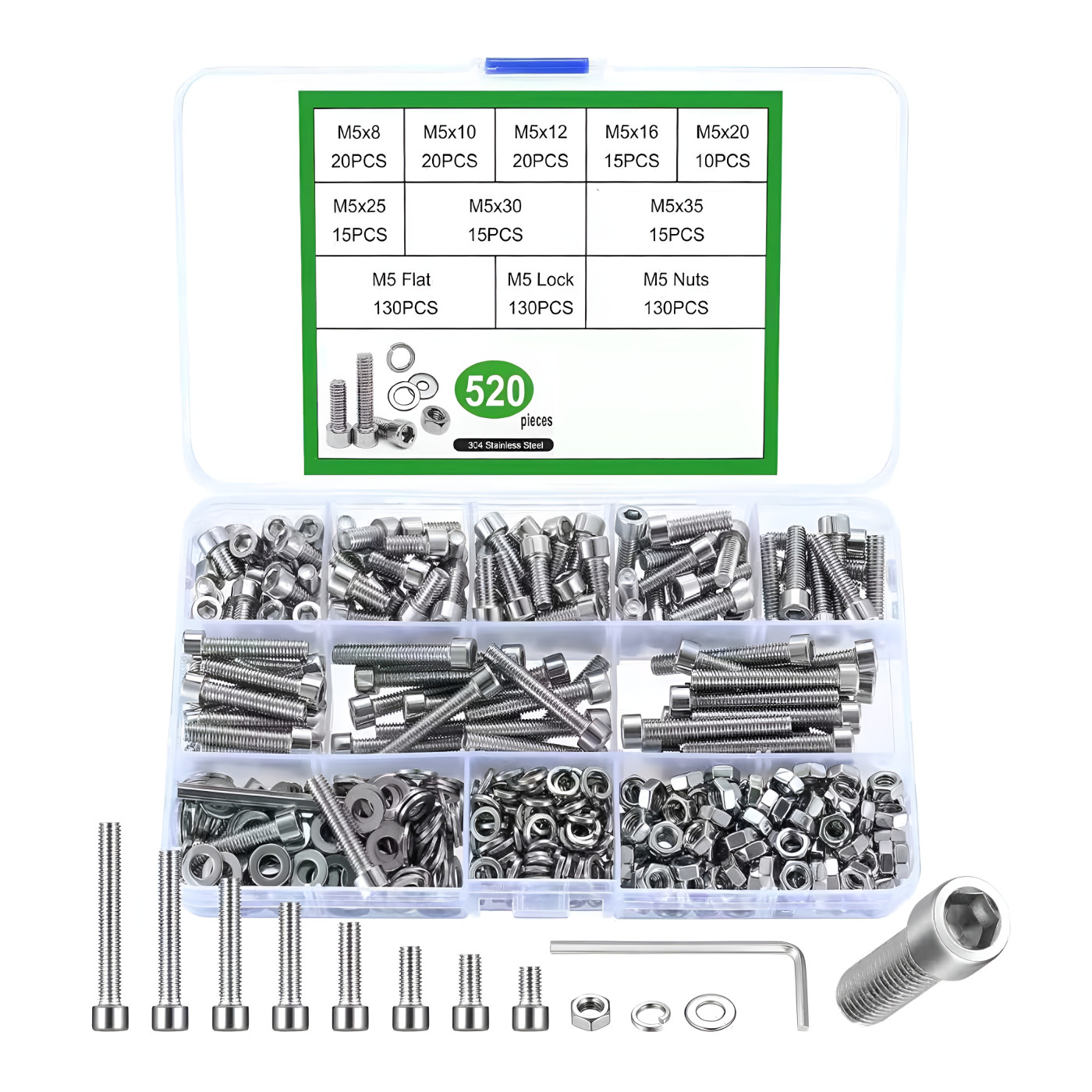 Assortiment de 520 vis à tête creuse M5 en acier inoxydable