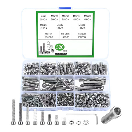 Assortiment M5 roestvrijstalen inbusbouten, 520 stuks