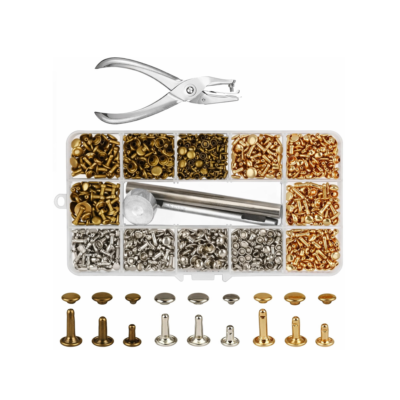 Rivet installation tool set with base, punch rod & fixing rod