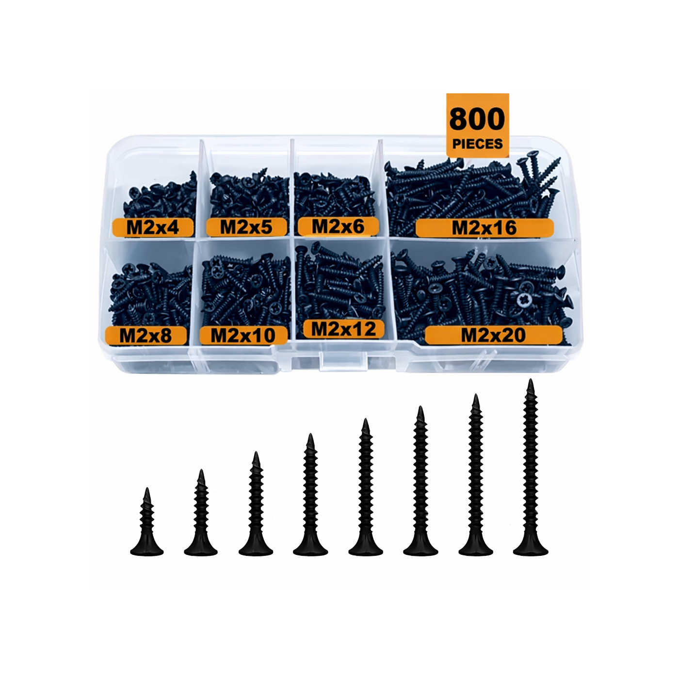 Assortment of 800 M2 self-tapping screws (black)