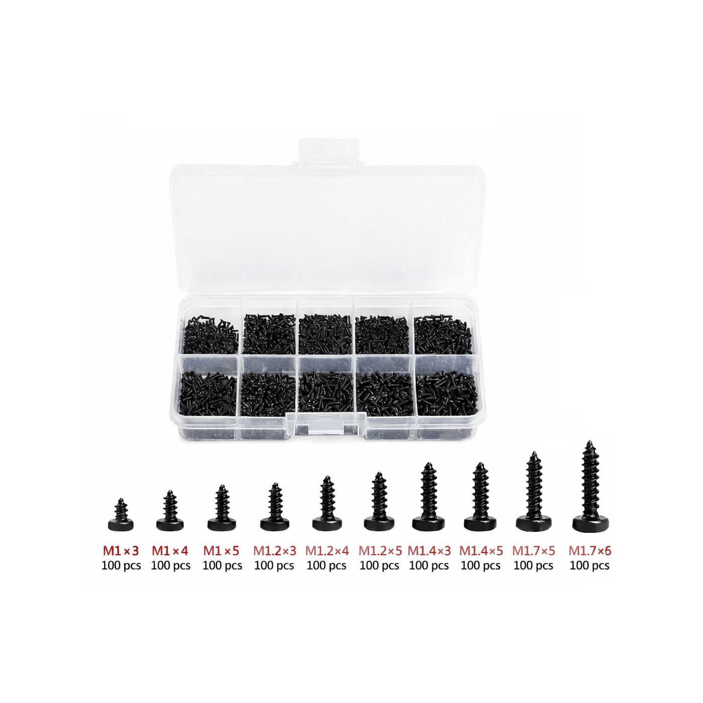 Assortimento di 1000 viti autofilettanti M1-M1.7 (nere)