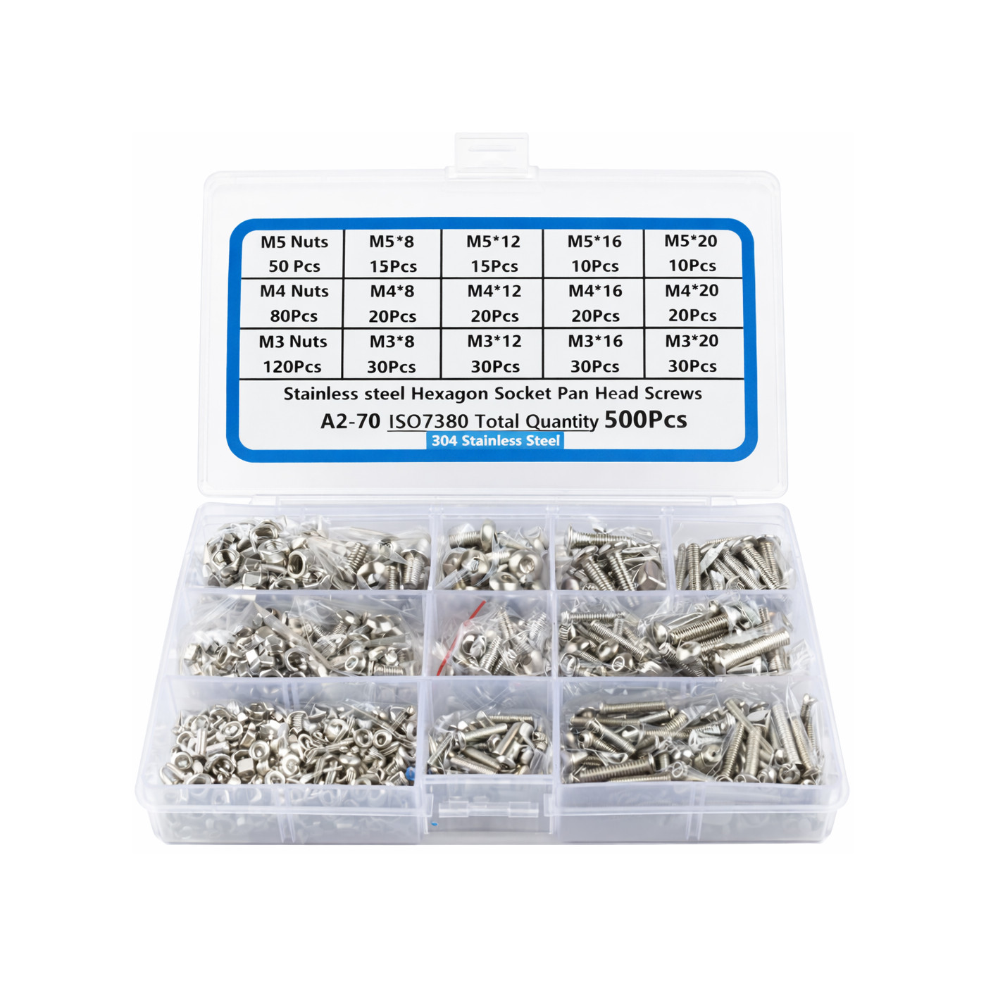 A2-70 RVS inbusbouten assortiment, met moerenm M3–M5 (500 stuks)