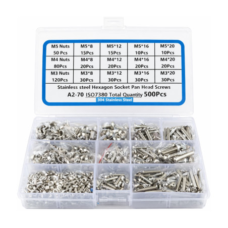 A2-70 RVS inbusbouten assortiment, met moeren M3–M5 (500 stuks)