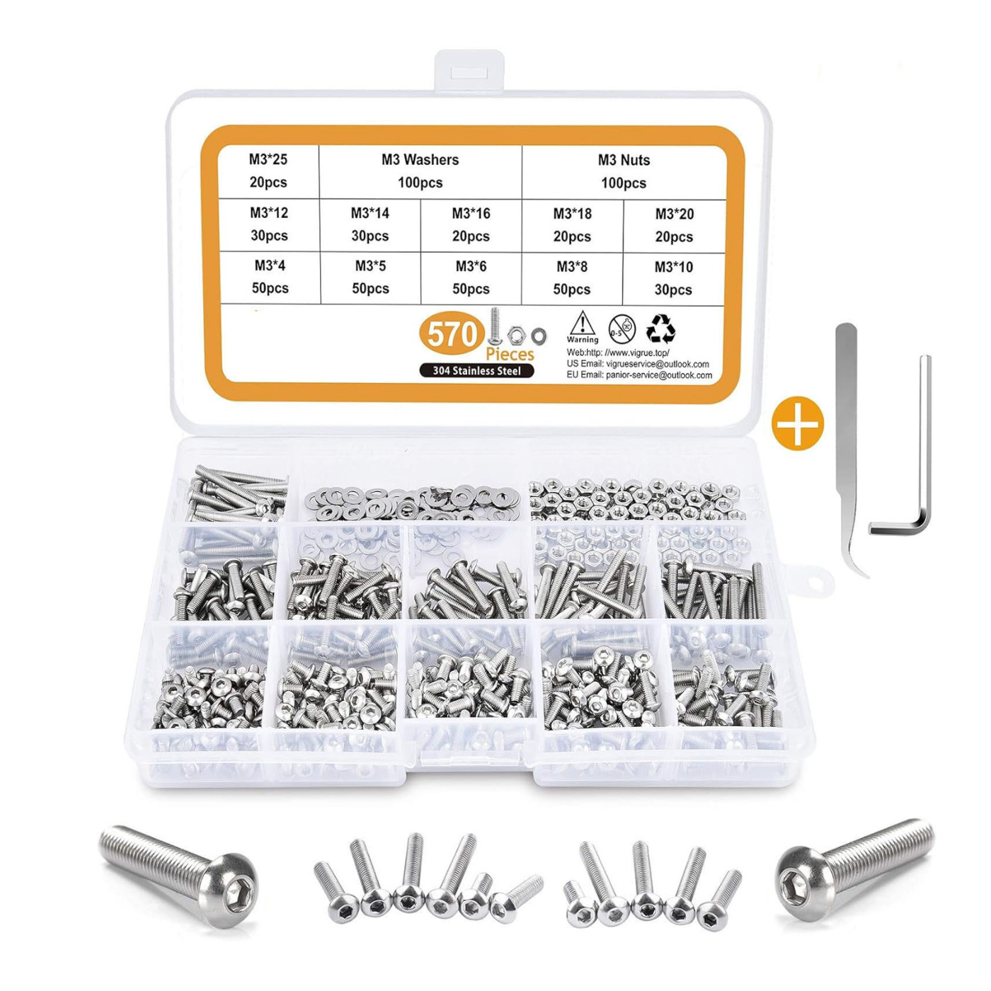 Stainless steel M3 Allen bolts assortment with nuts and washers