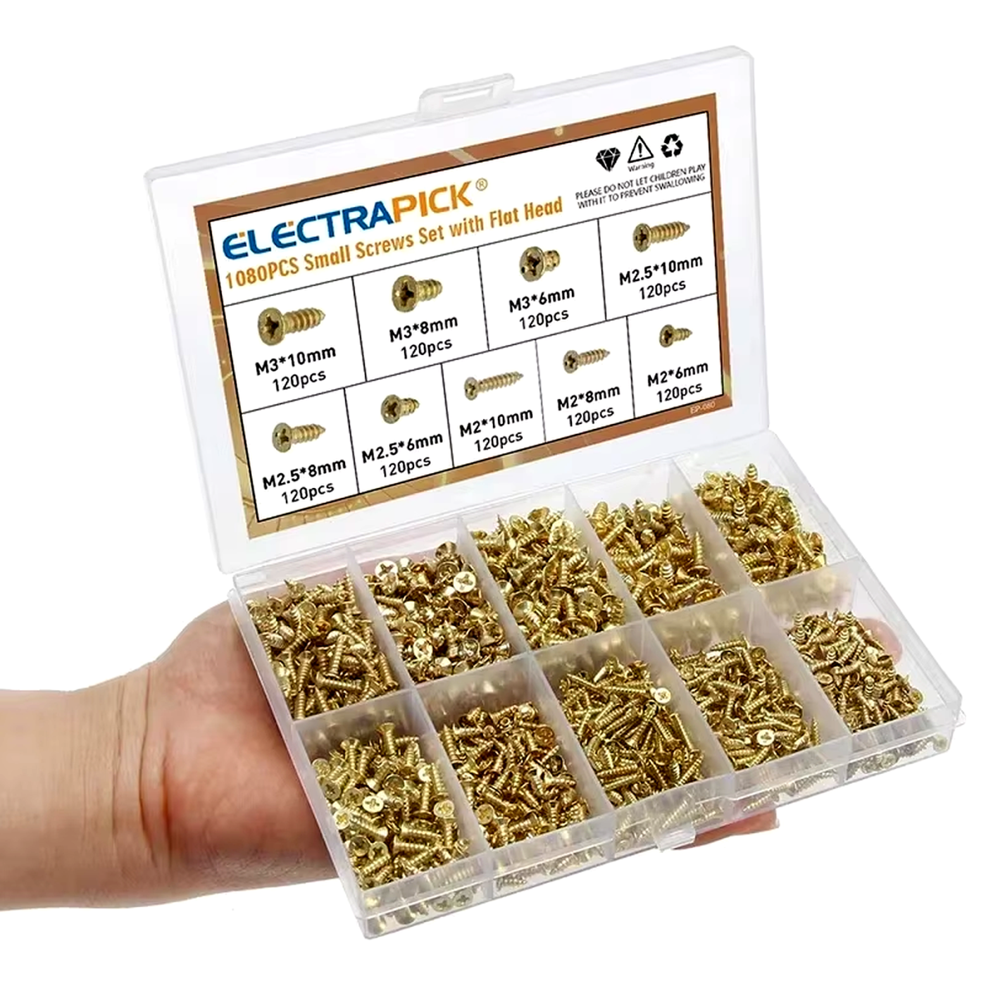 1080 small Phillips head wood screws, gold-colored