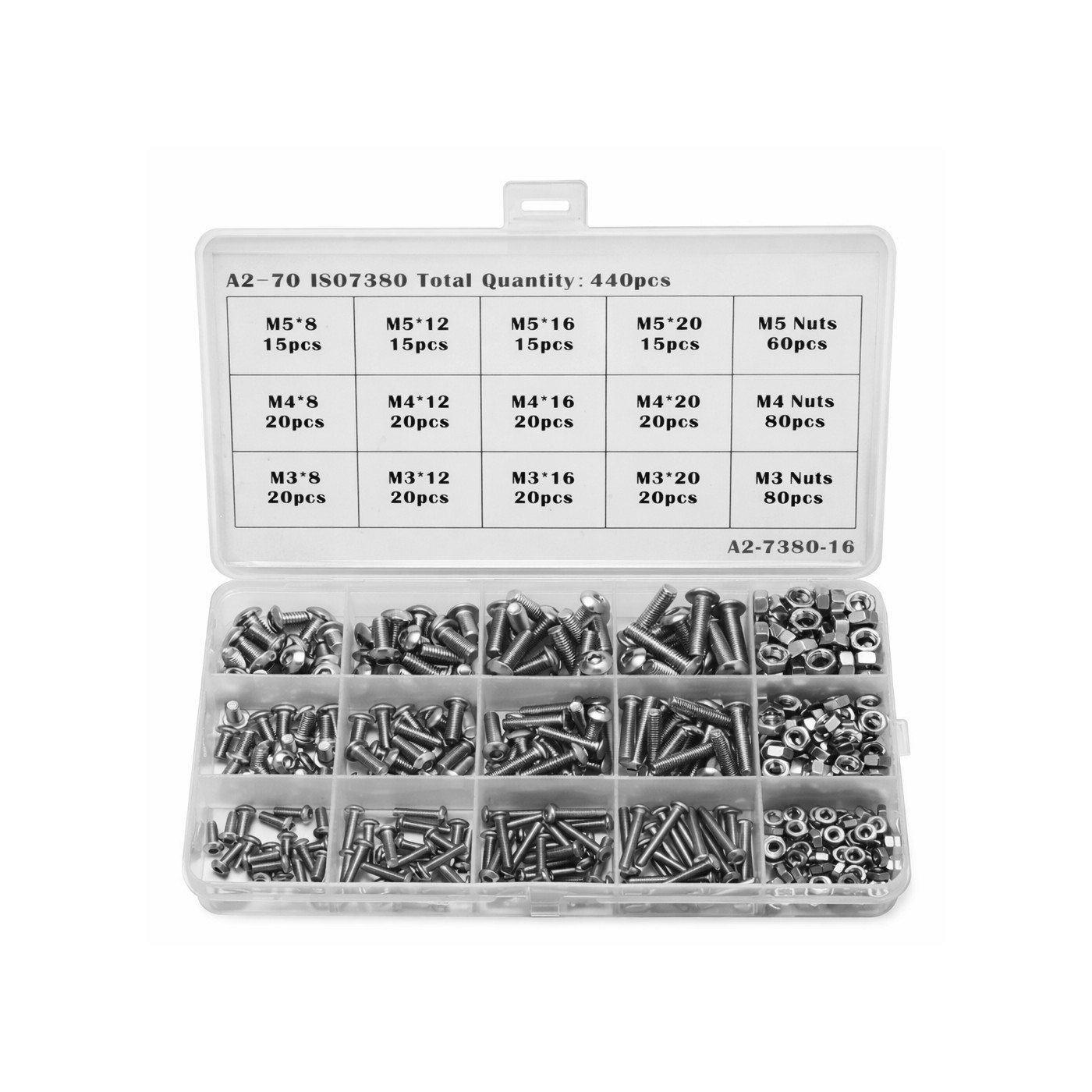 Stainless steel bolt and nut set M3/M4/M5, 440-piece, A2-70 /