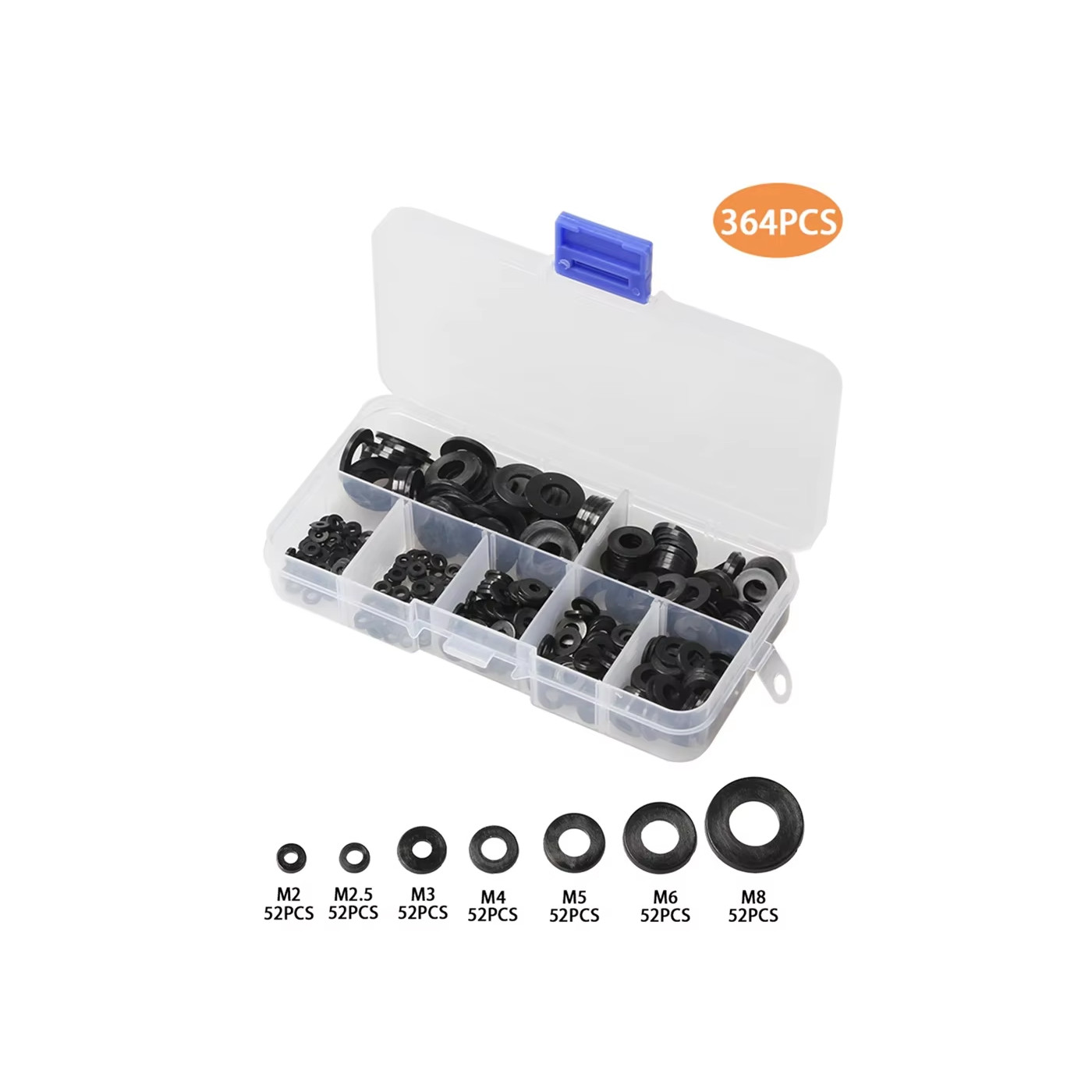 Nylon isolatie ringen set (M2–M8), 364 stuks