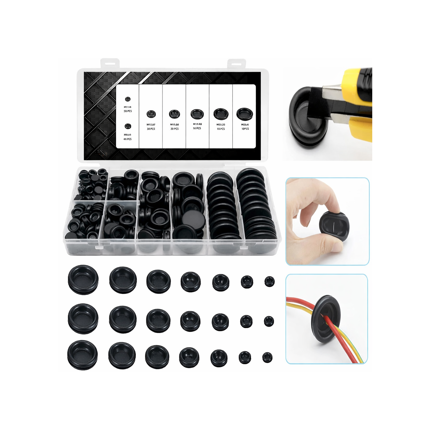 Rubber cable gland set (M7–M25), 188 pieces